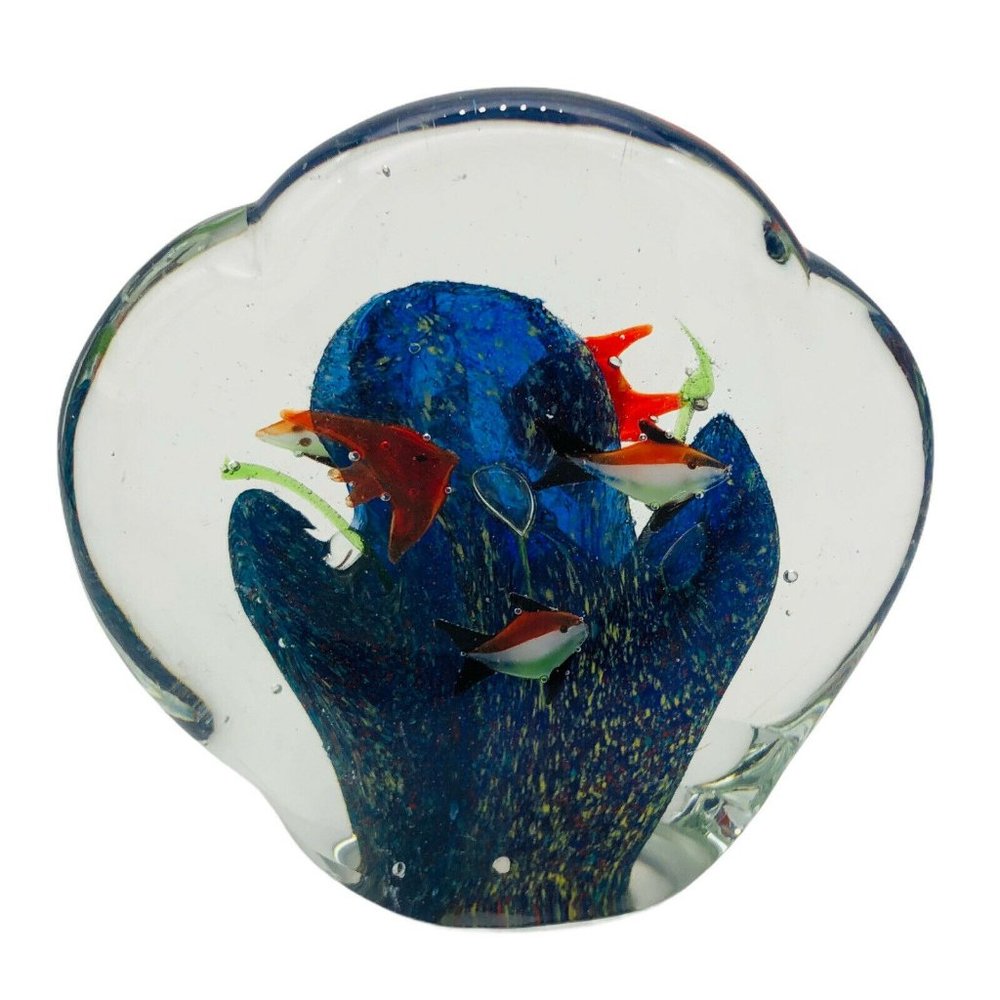Vintage Art Glass Fish Aquarium Paperweight Sculpture Clear Blue Orange Green